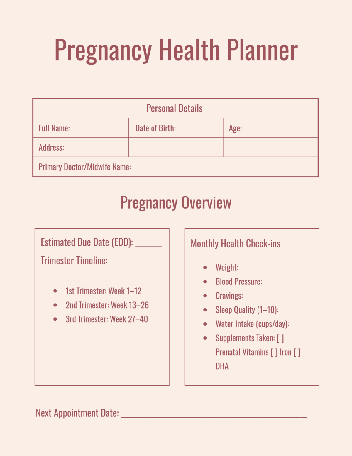 Free Pregnancy Health Planner Template