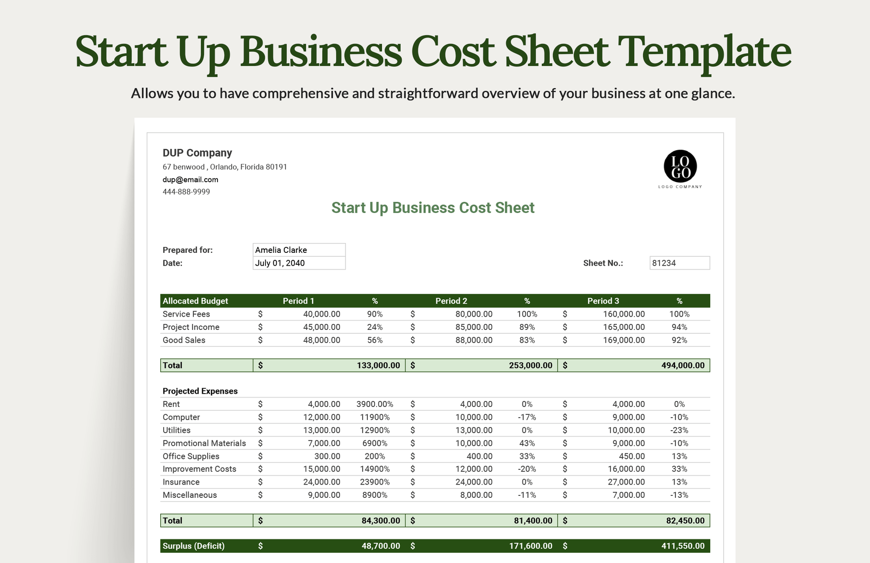 Start Up Business Cost Sheet Template