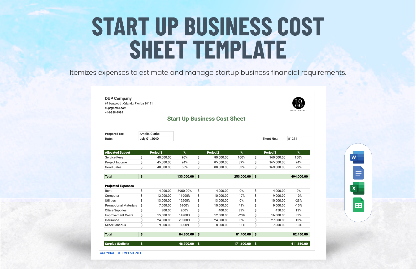 Start Up Business Cost Sheet Template in Word, Google Docs, Excel, Google Sheets