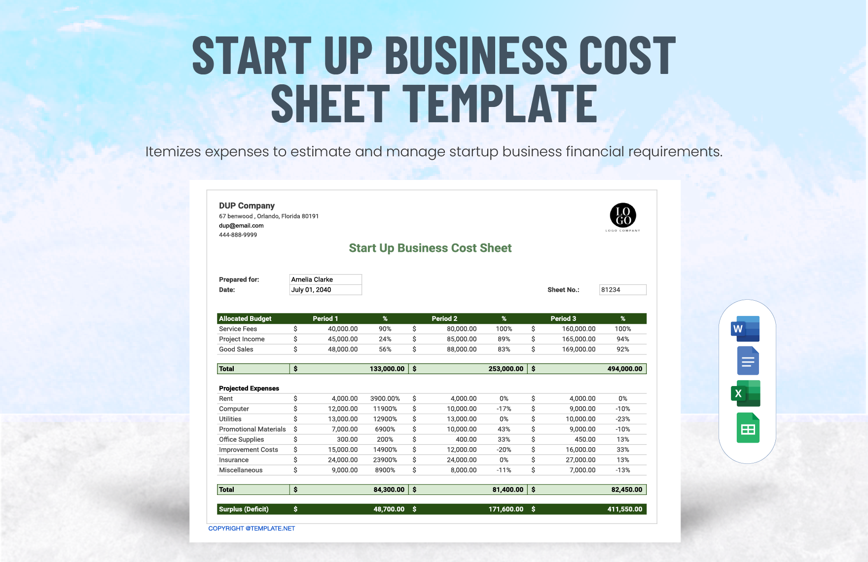 Start Up Business Cost Sheet Template