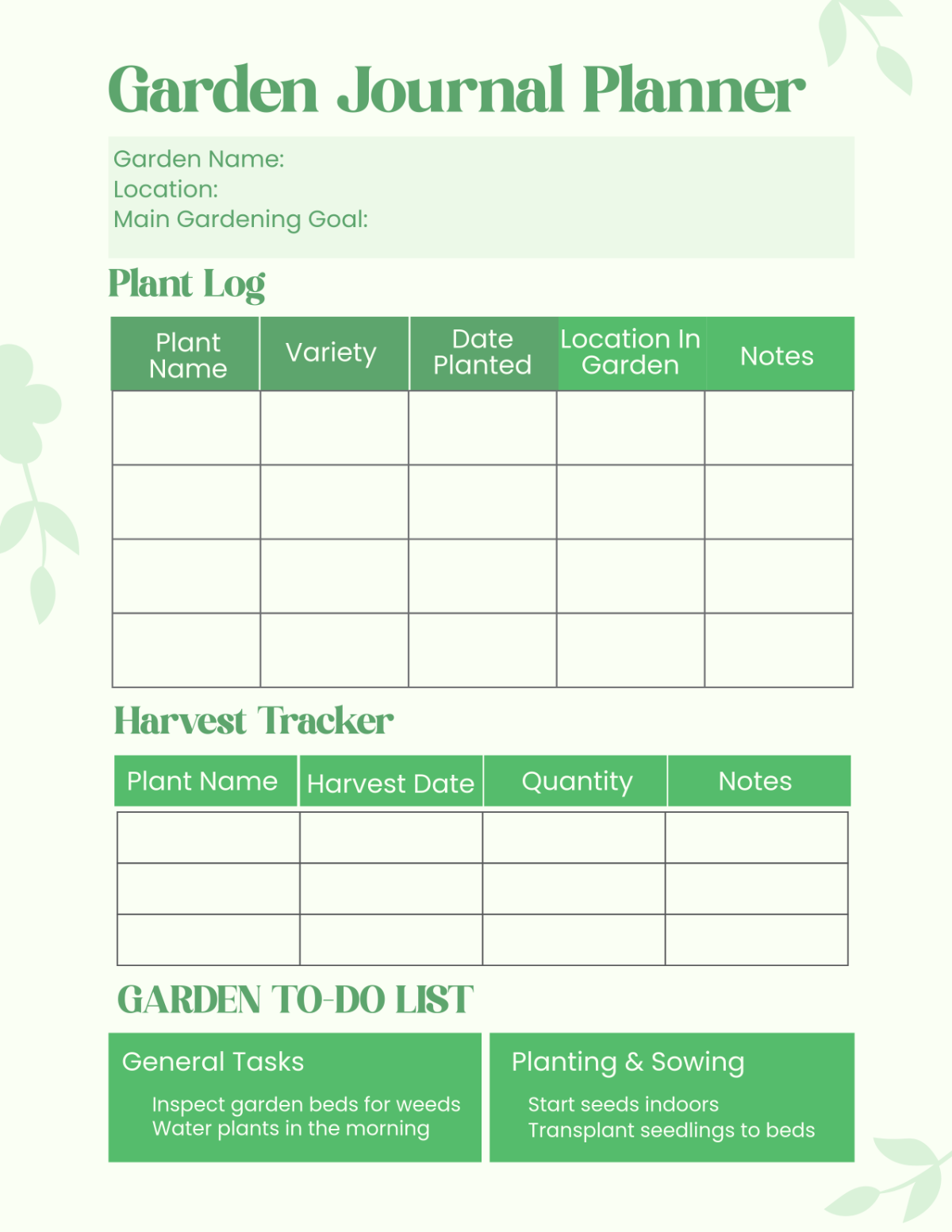Free Green Garden Journal Planner Template