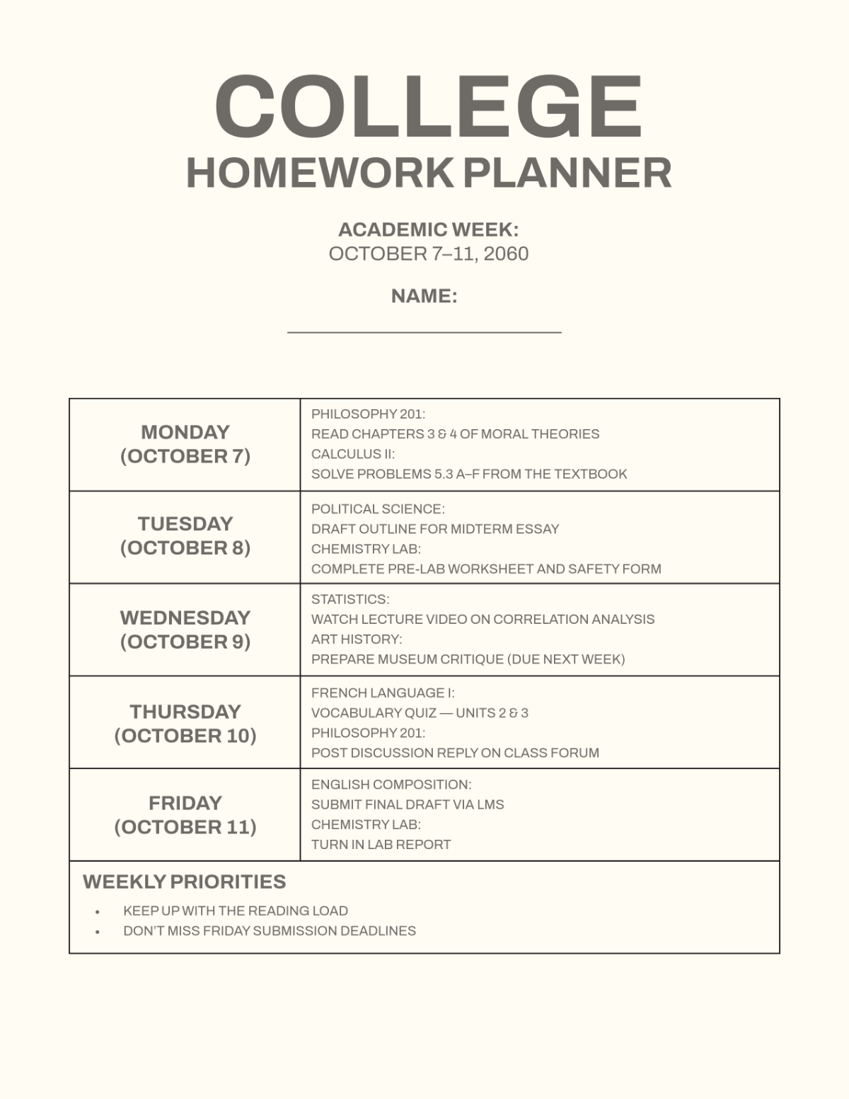 Free College Homework Planner Template