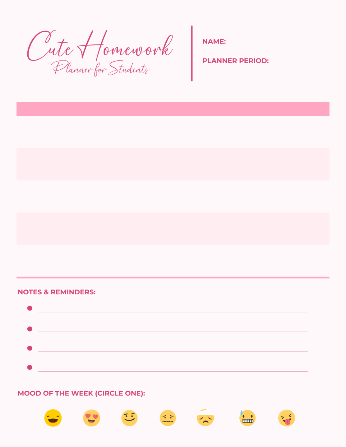 Free Cute Homework Planner for Students Template
