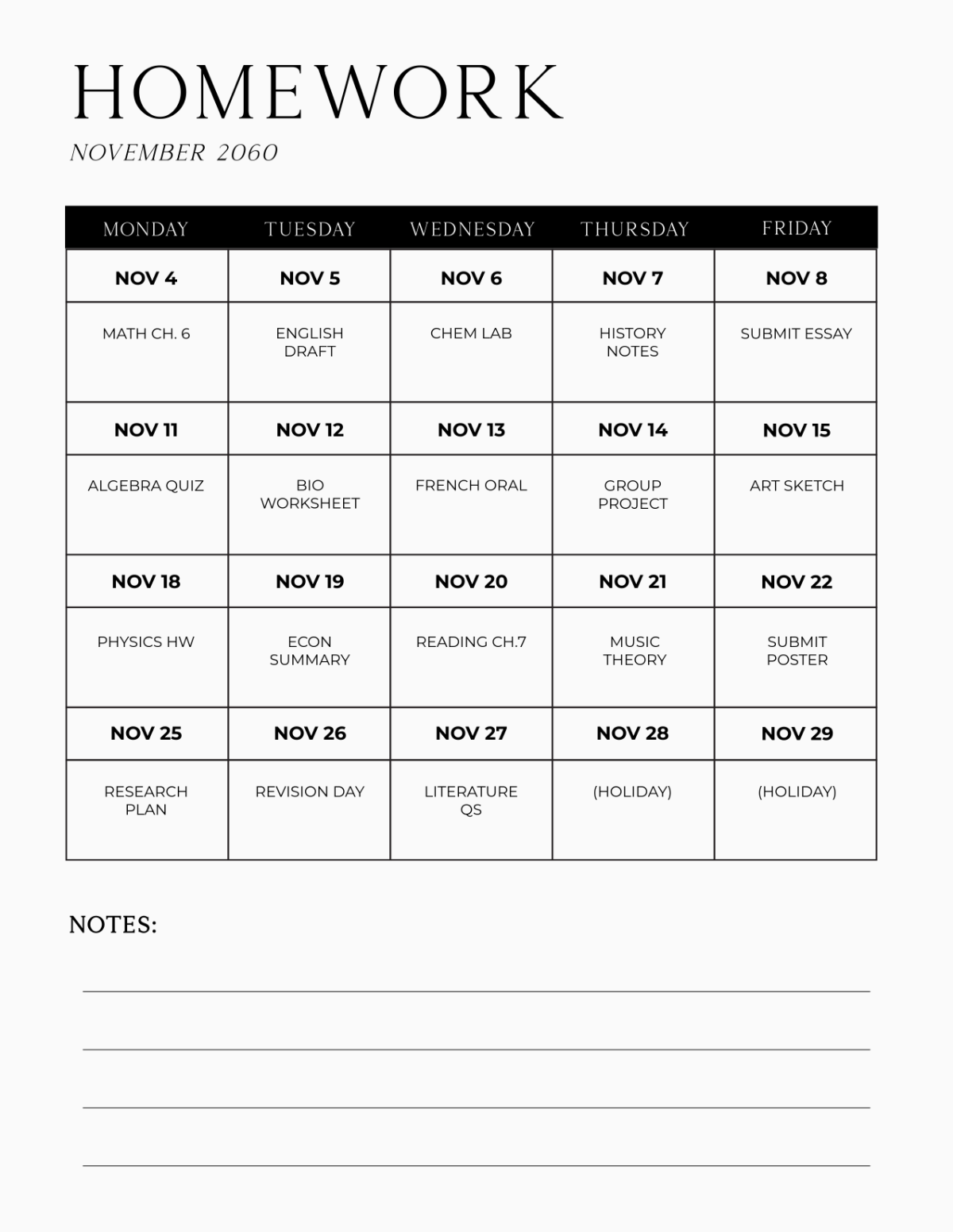 Free Homework Calendar Planner Template