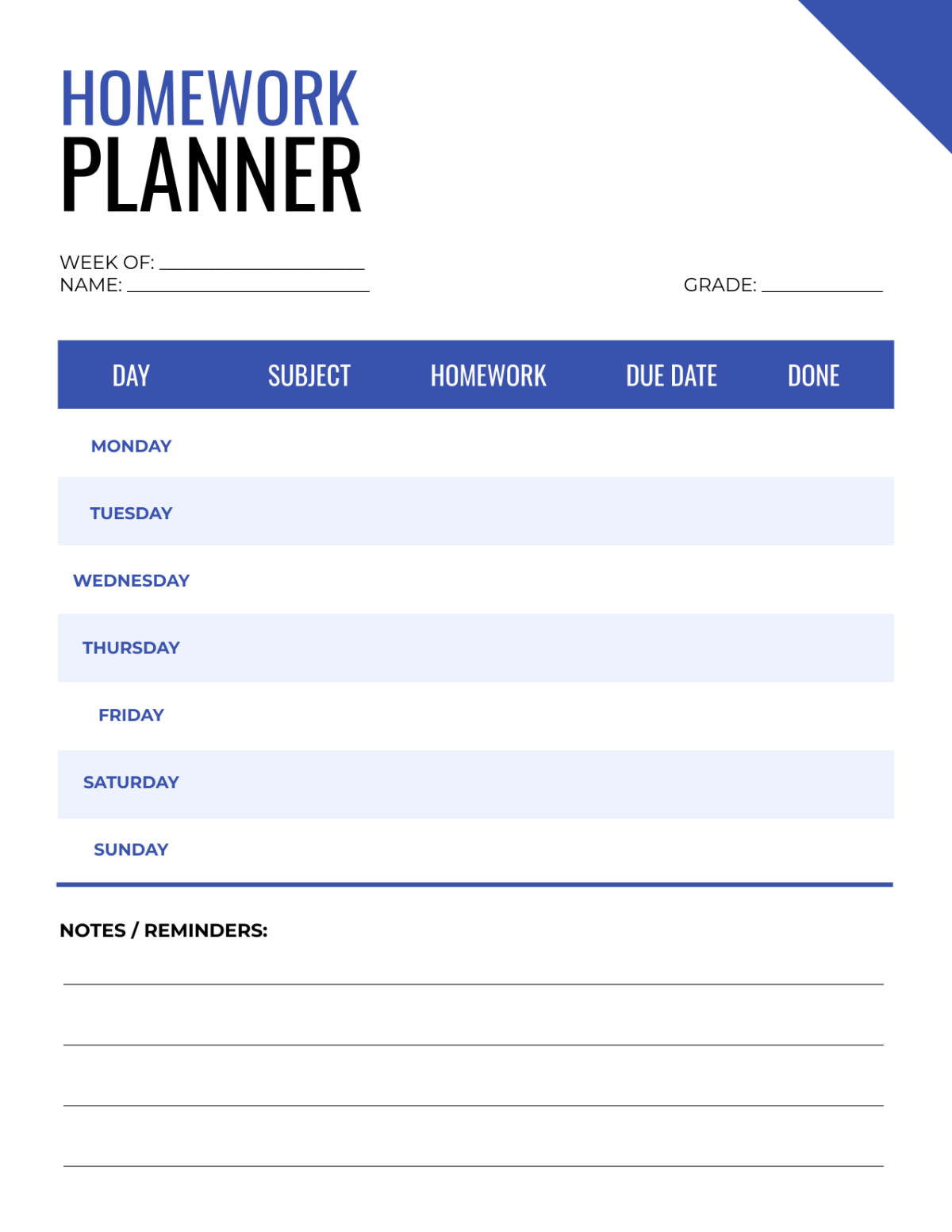 Free Homework Planner for Boys Template
