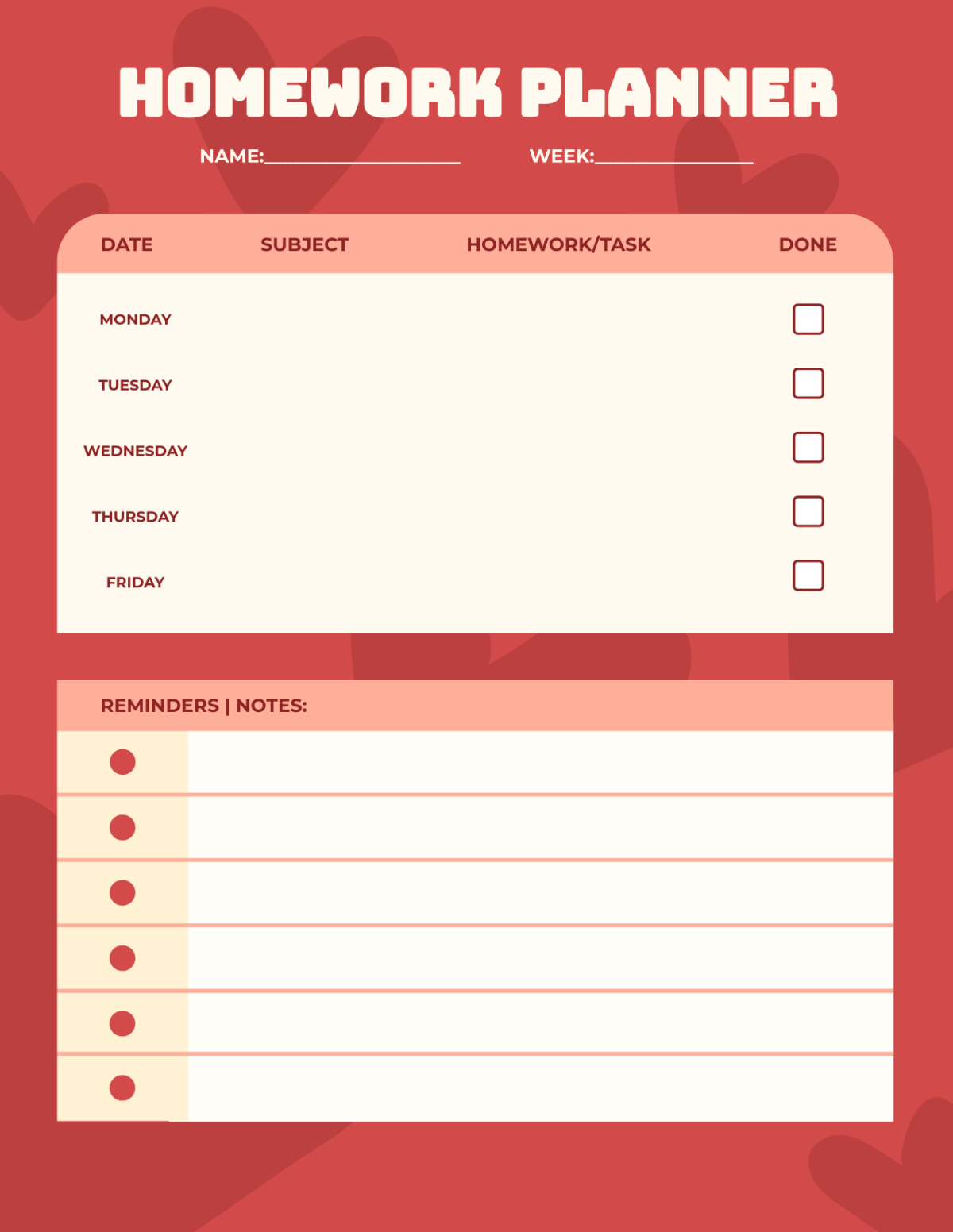 Free Heart Background Homework Planner Template