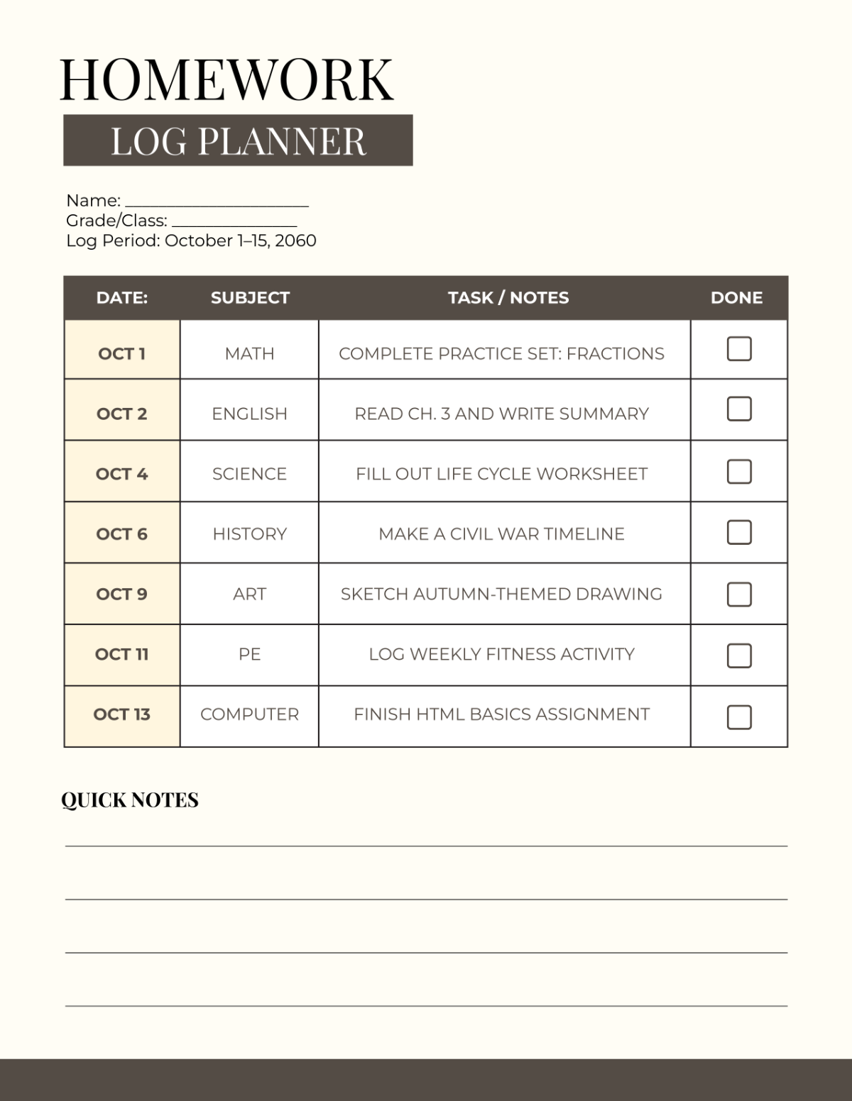 Free Homework Log Planner Template