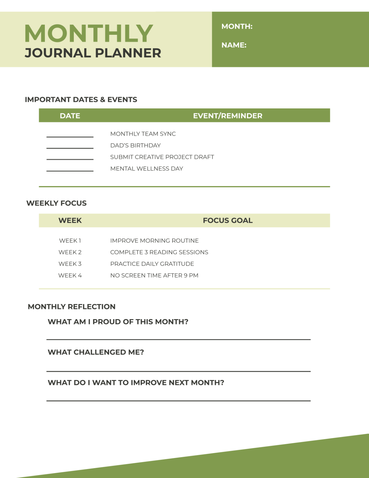 Free Monthly Journal Planner Template