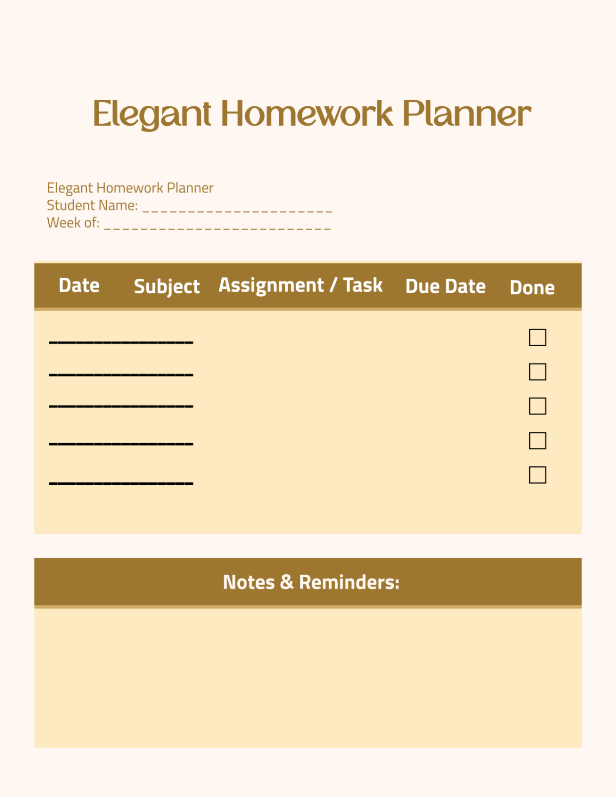 Free Elegant Homework Planner Template