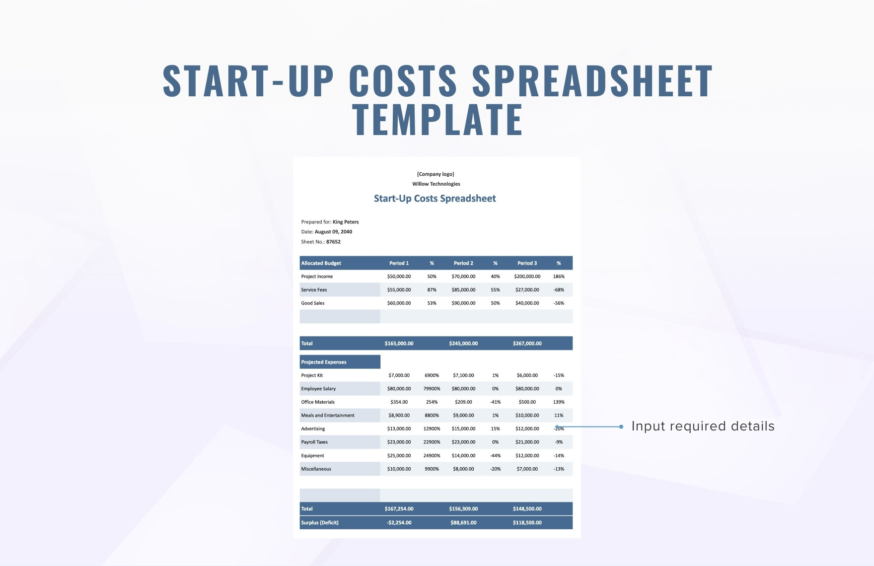 Start-Up Costs Spreadsheet Template