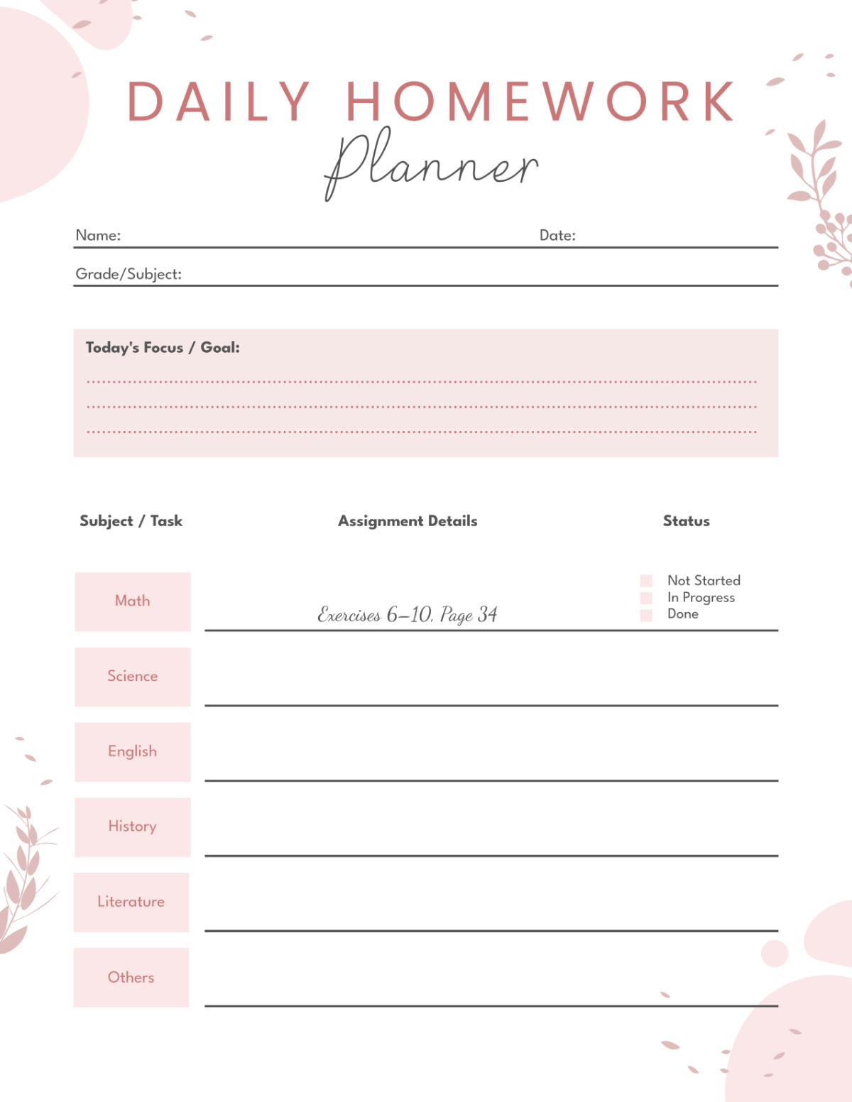 Free Daily Homework Planner Template