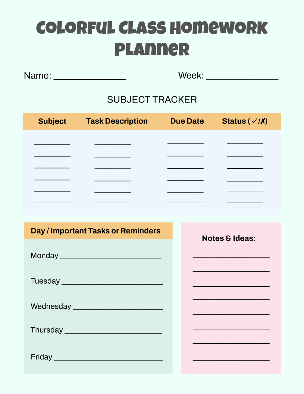 Free Colorful Class Homework Planner Template