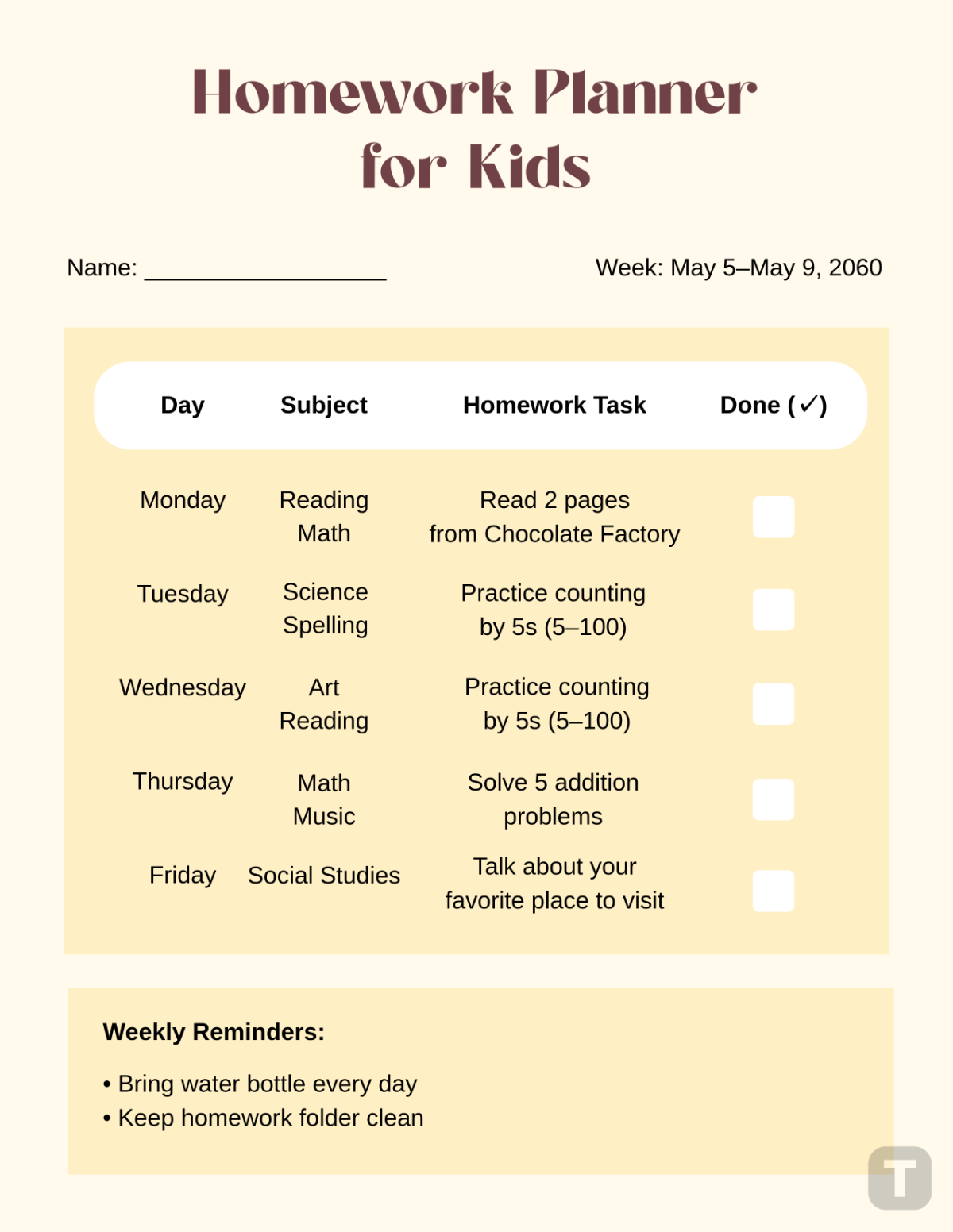 Free Yellow Homework Planner for Kids Template