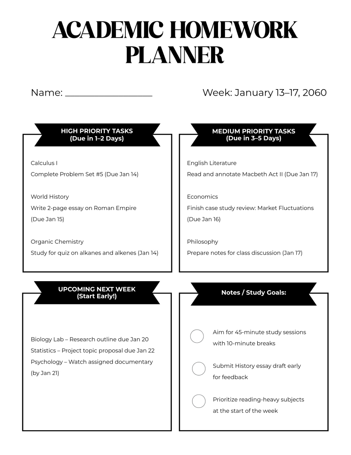 Free Academic Homework Planner Template