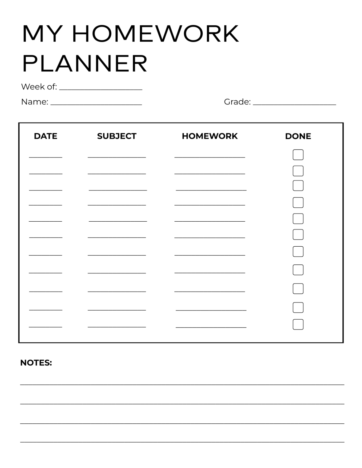 Free My Homework Planner Template