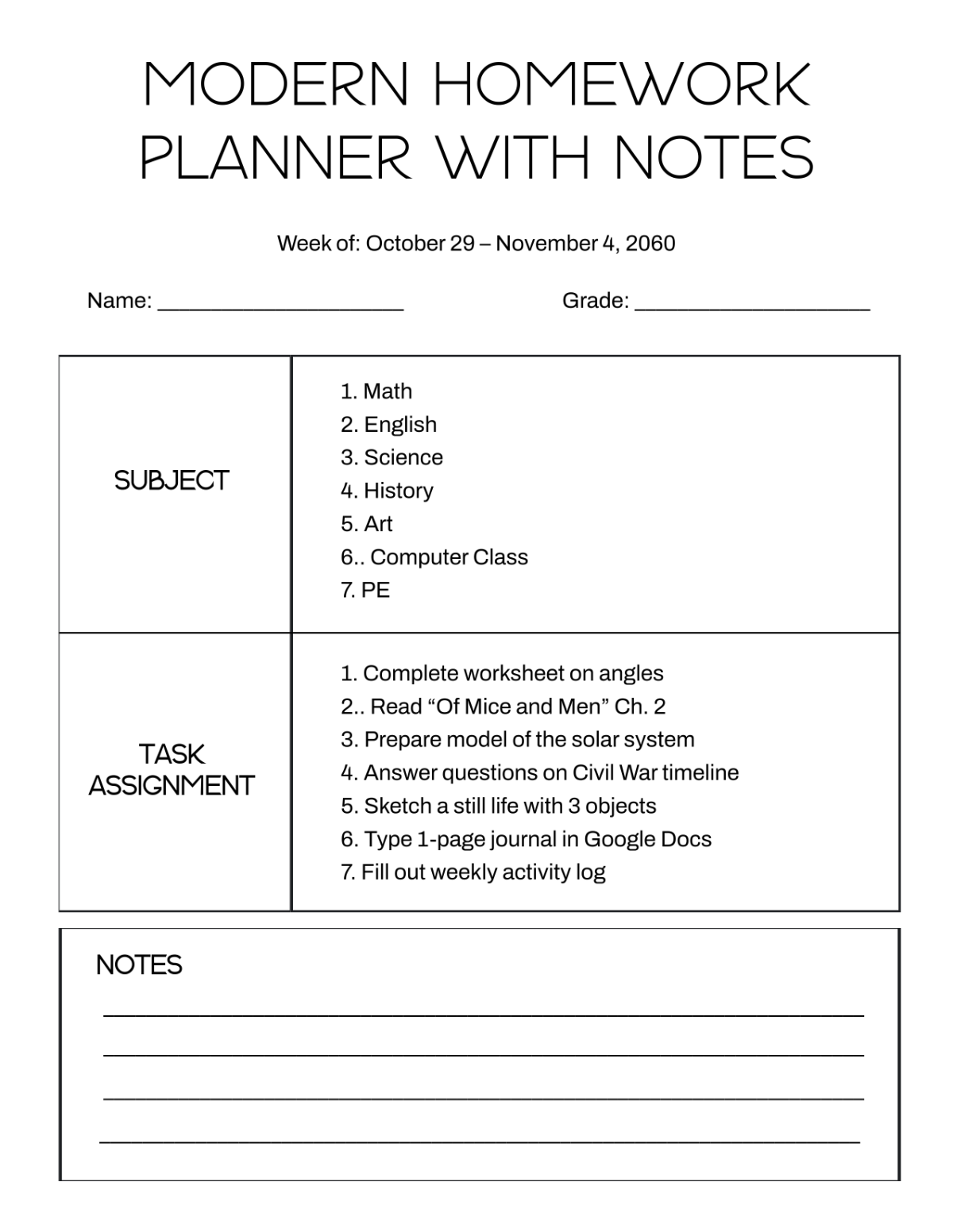 Free Modern Homework Planner with Notes Template