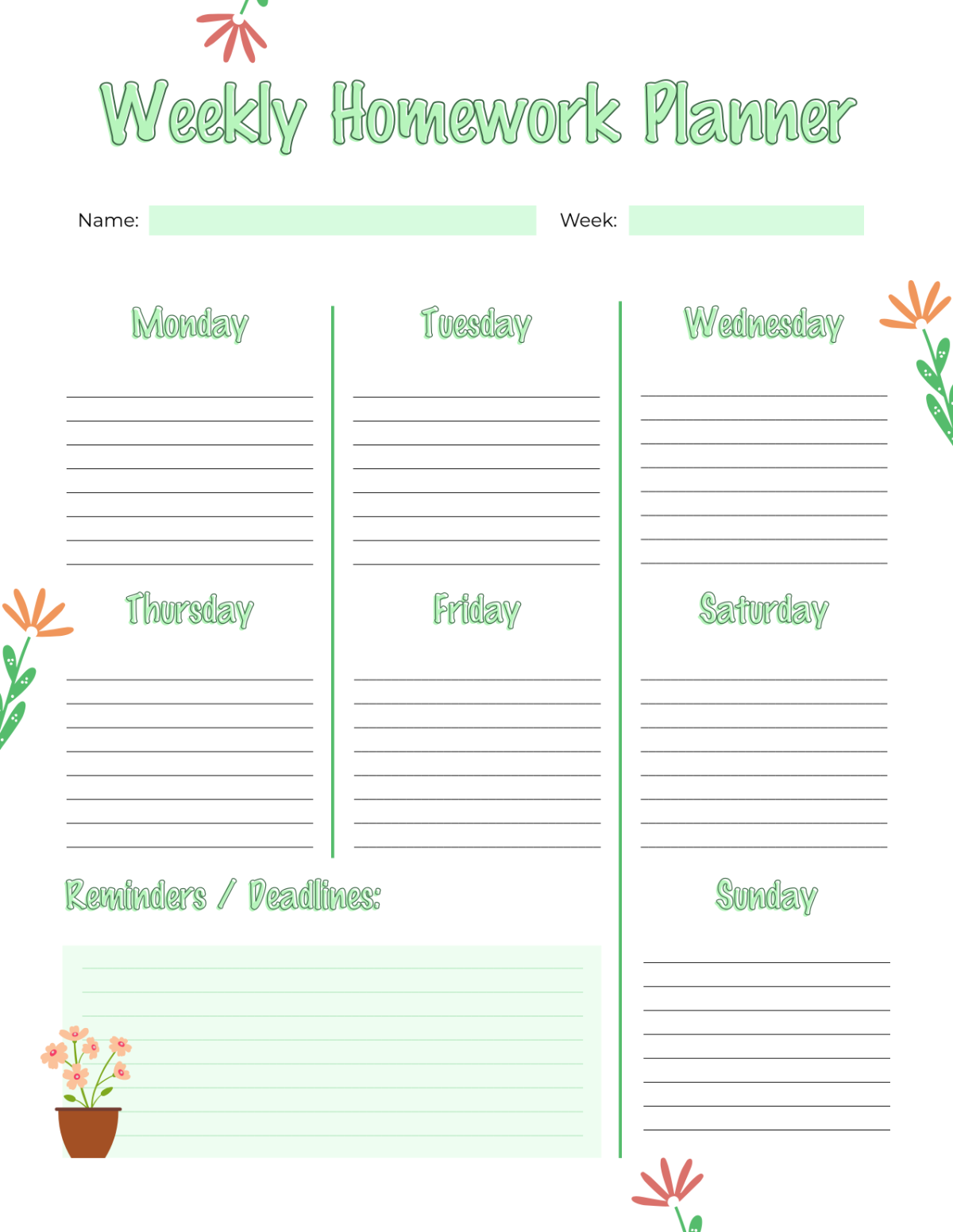 Free Weekly Homework Planner Template
