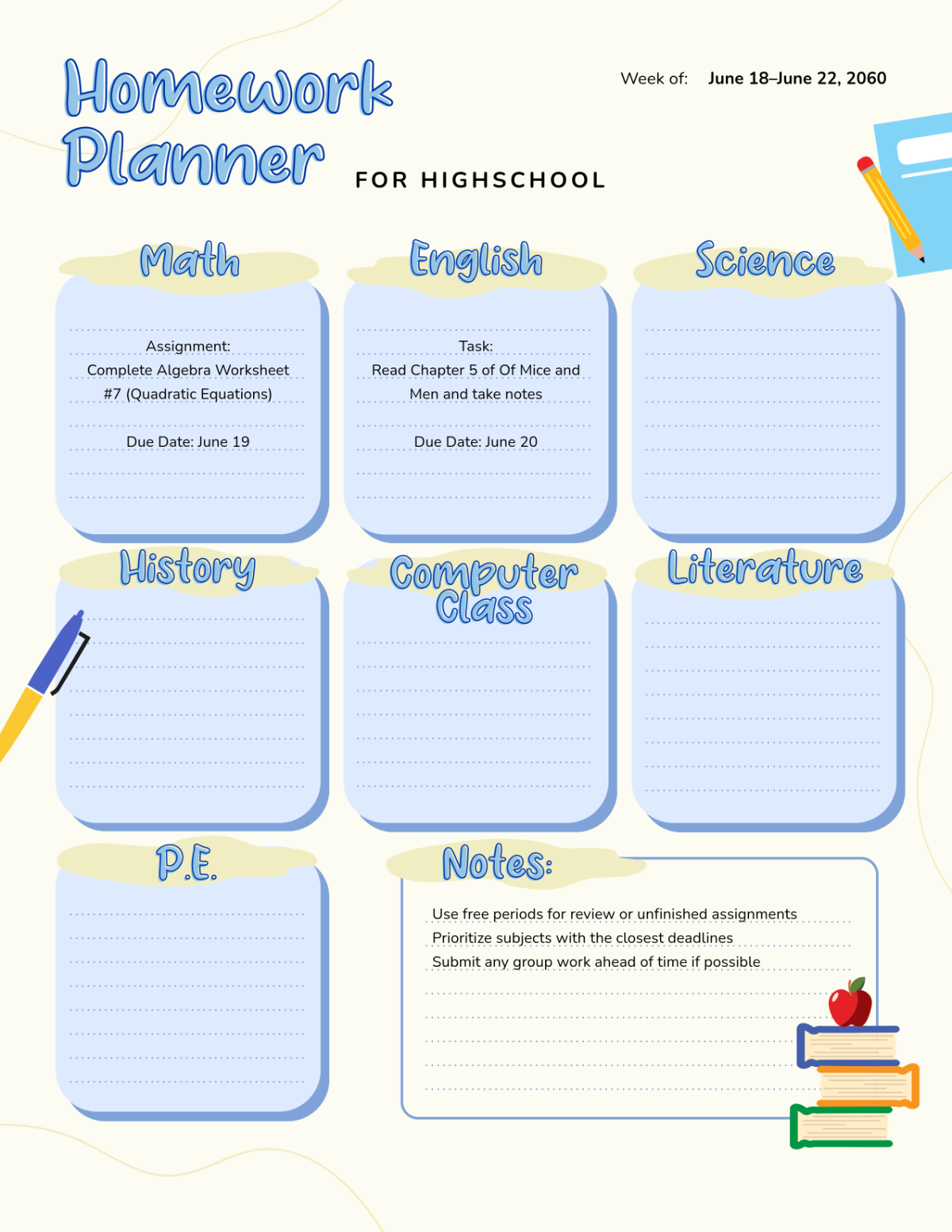 Free Homework Planner for Highschool Template