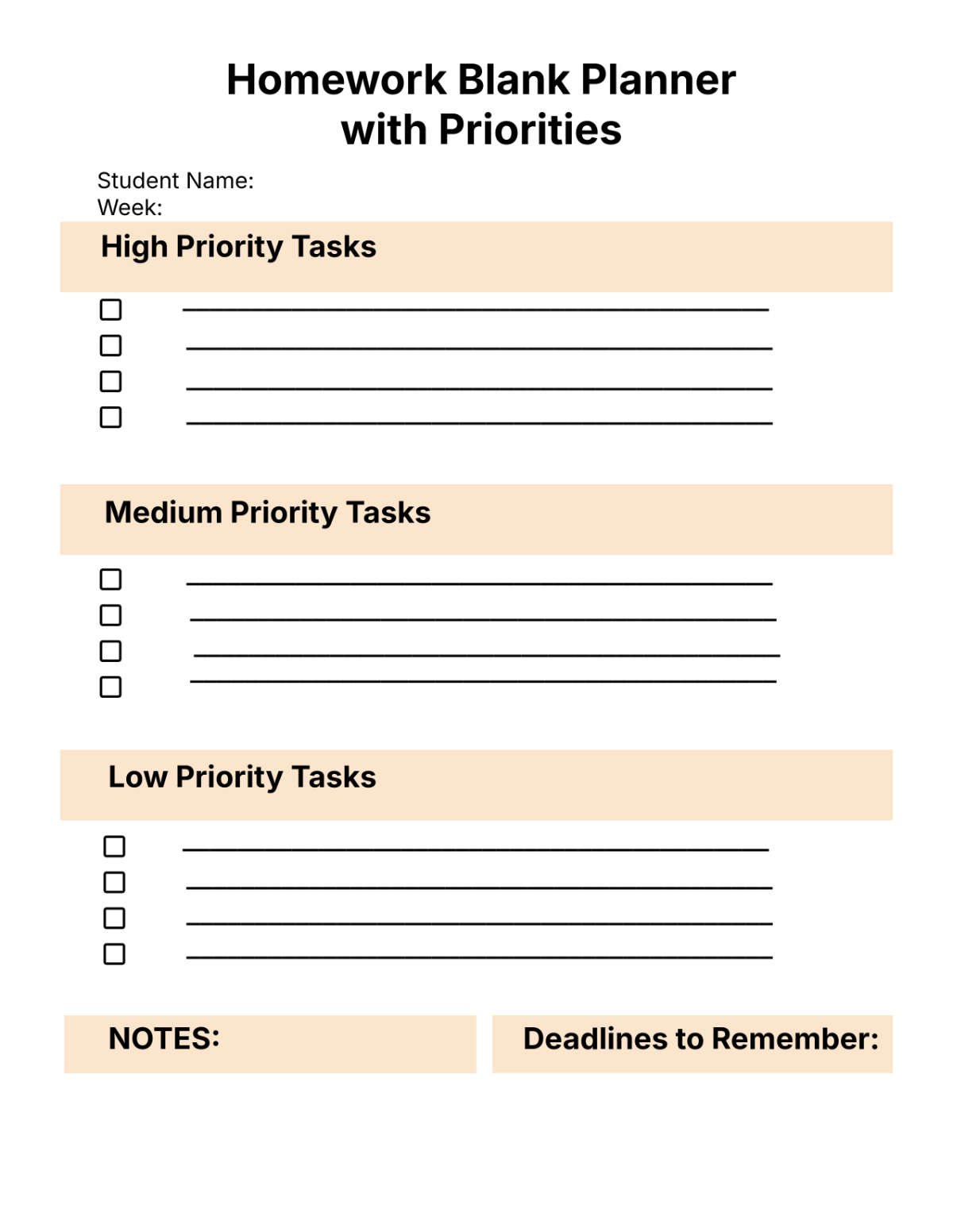 Free Homework Blank Planner with Priorities Template