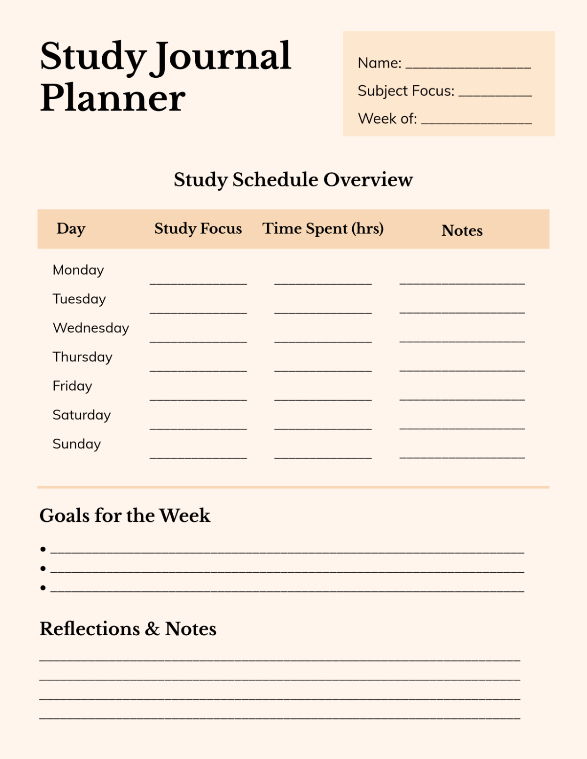 Free Study Journal Planner Template