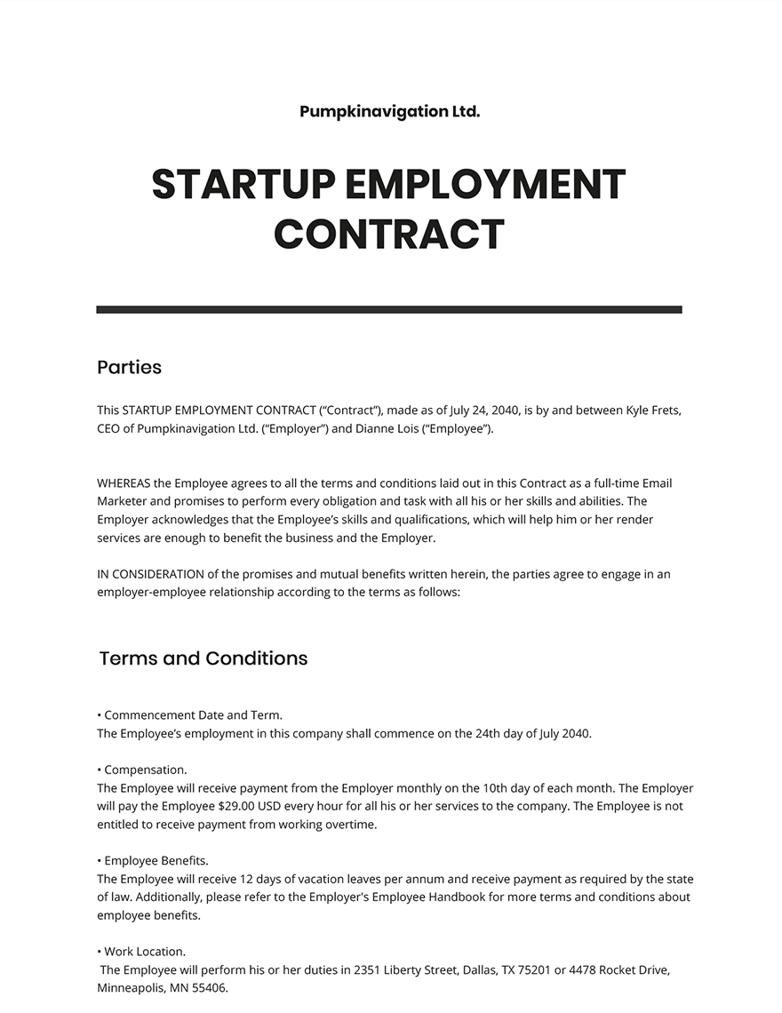 Startup Employment Contract Template
