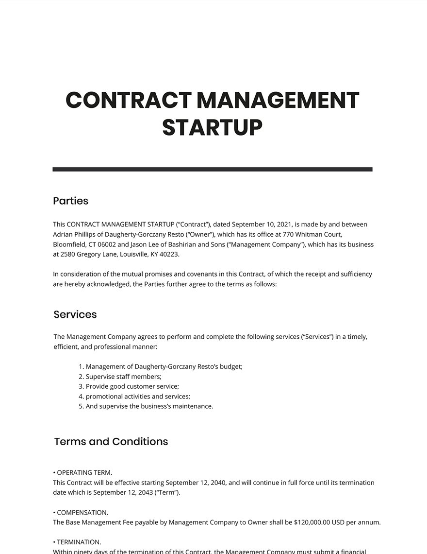Free Contract Management Startup Template