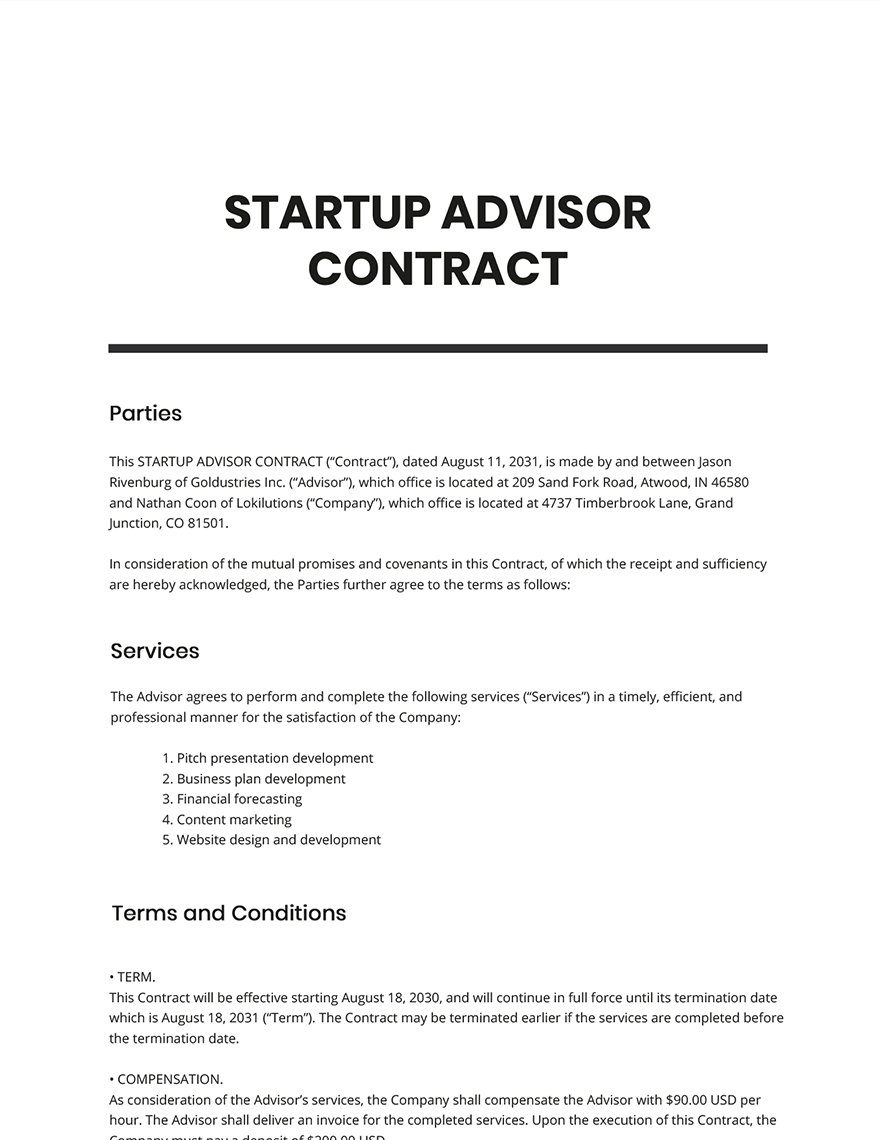 Startup Advisor Contract Template