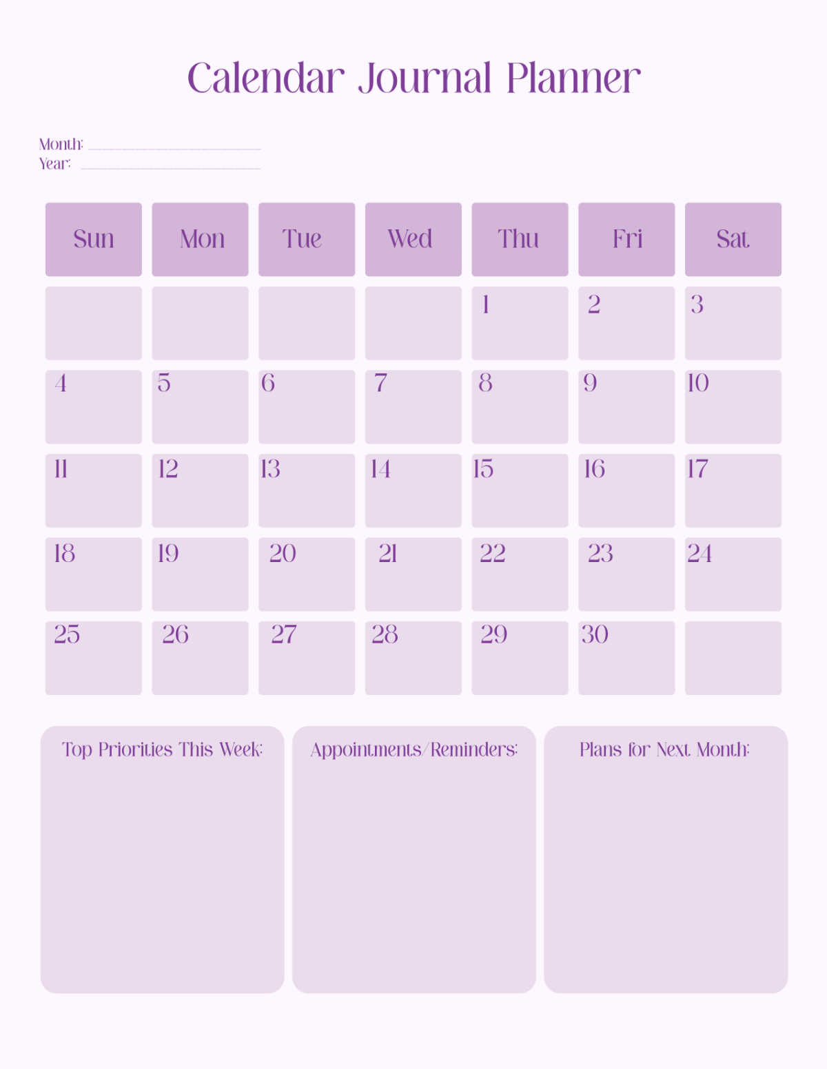 Free Calendar Journal Planner Template