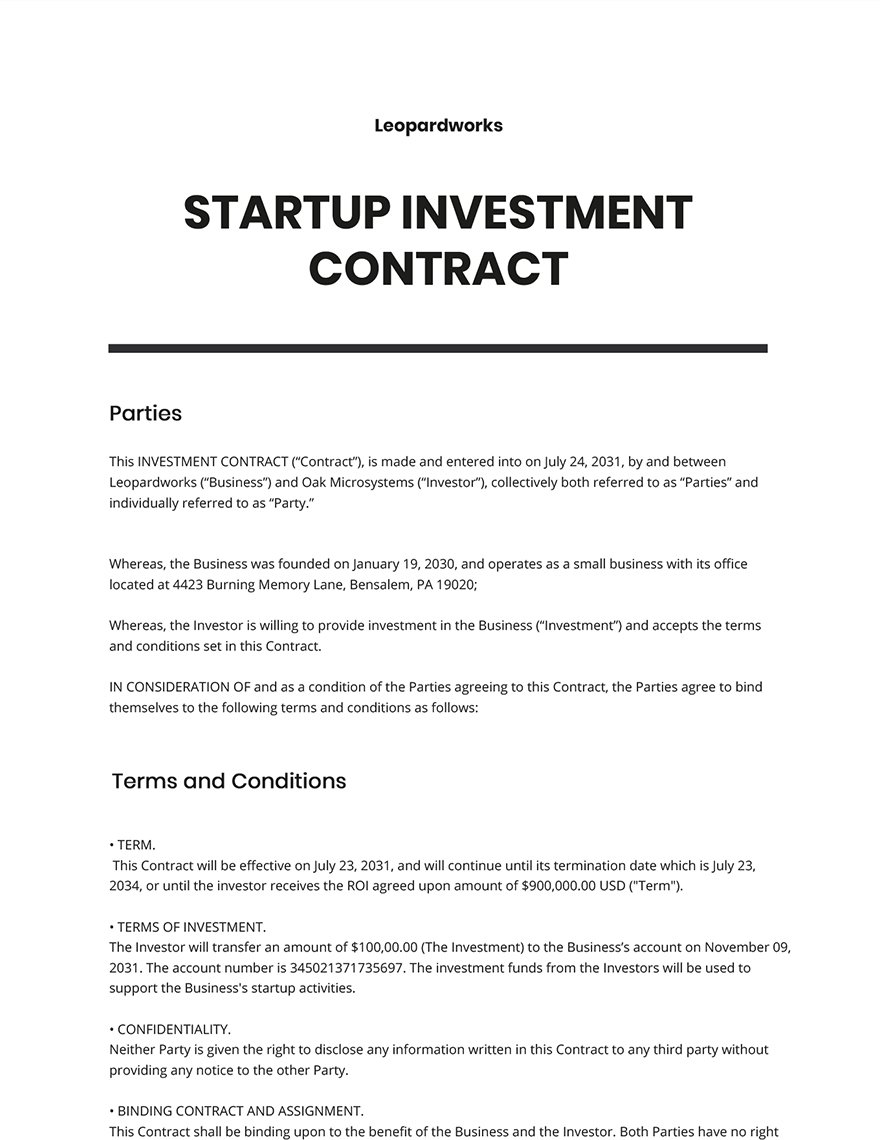 Startup Investment Contract Template