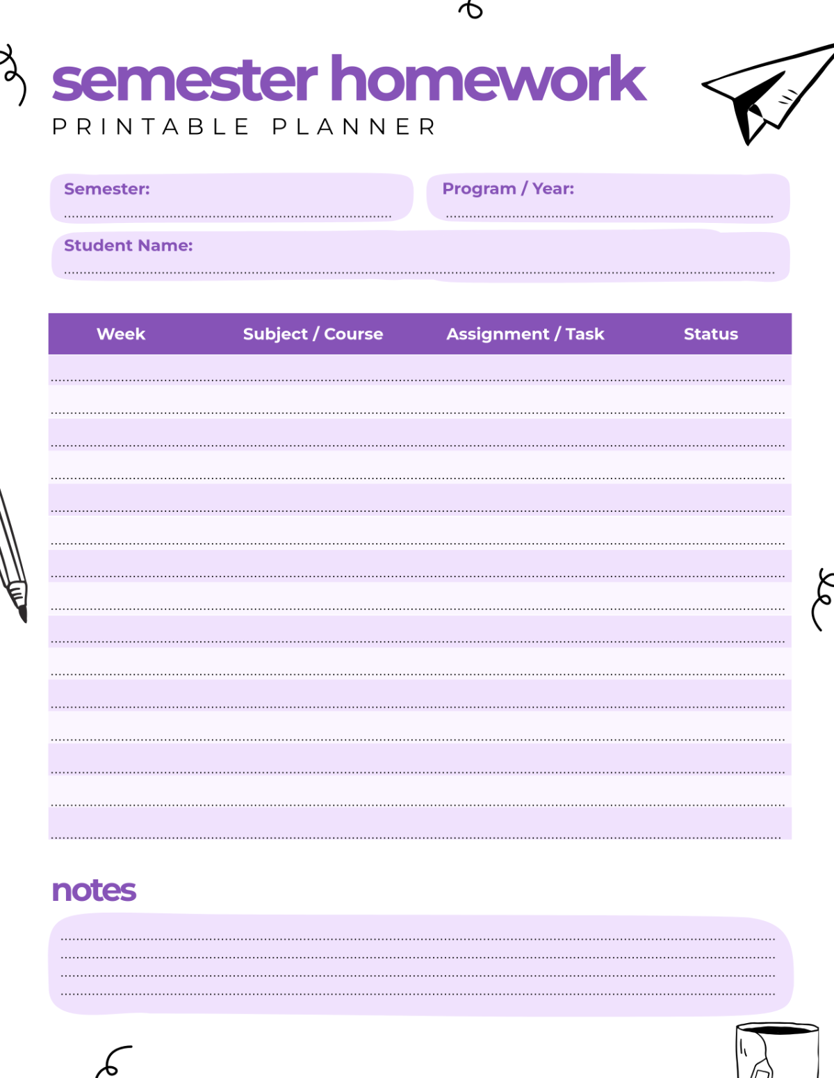 Free Semester Homework Printable Planner Template