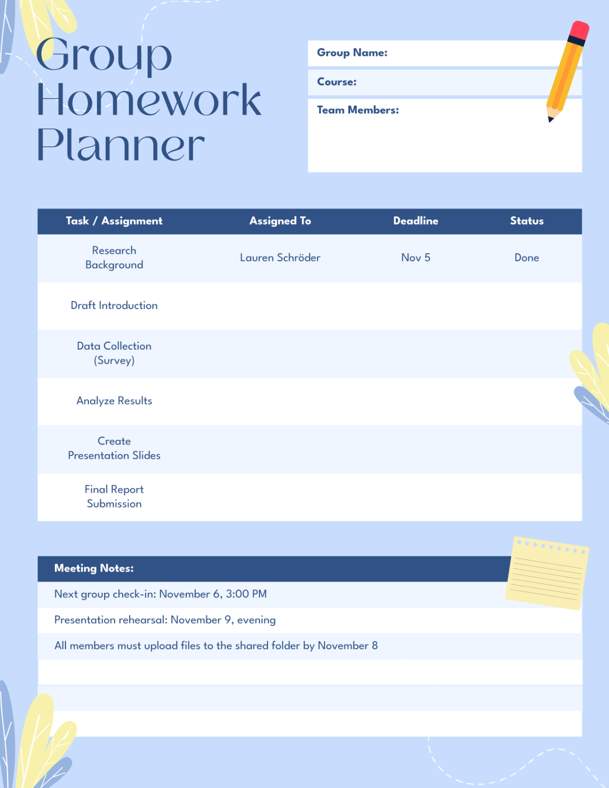 Free Group Homework Planner Template