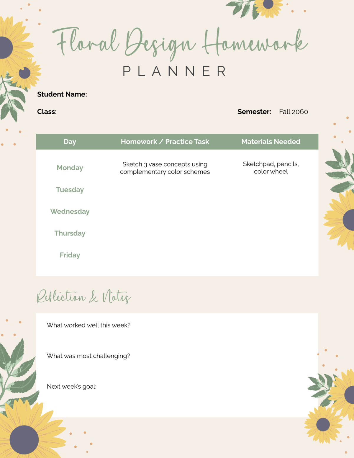 Free Floral Design Homework Planner Template