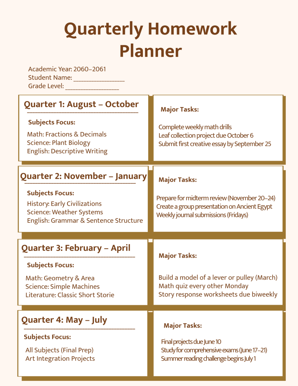 Free Quarterly Homework Planner Template