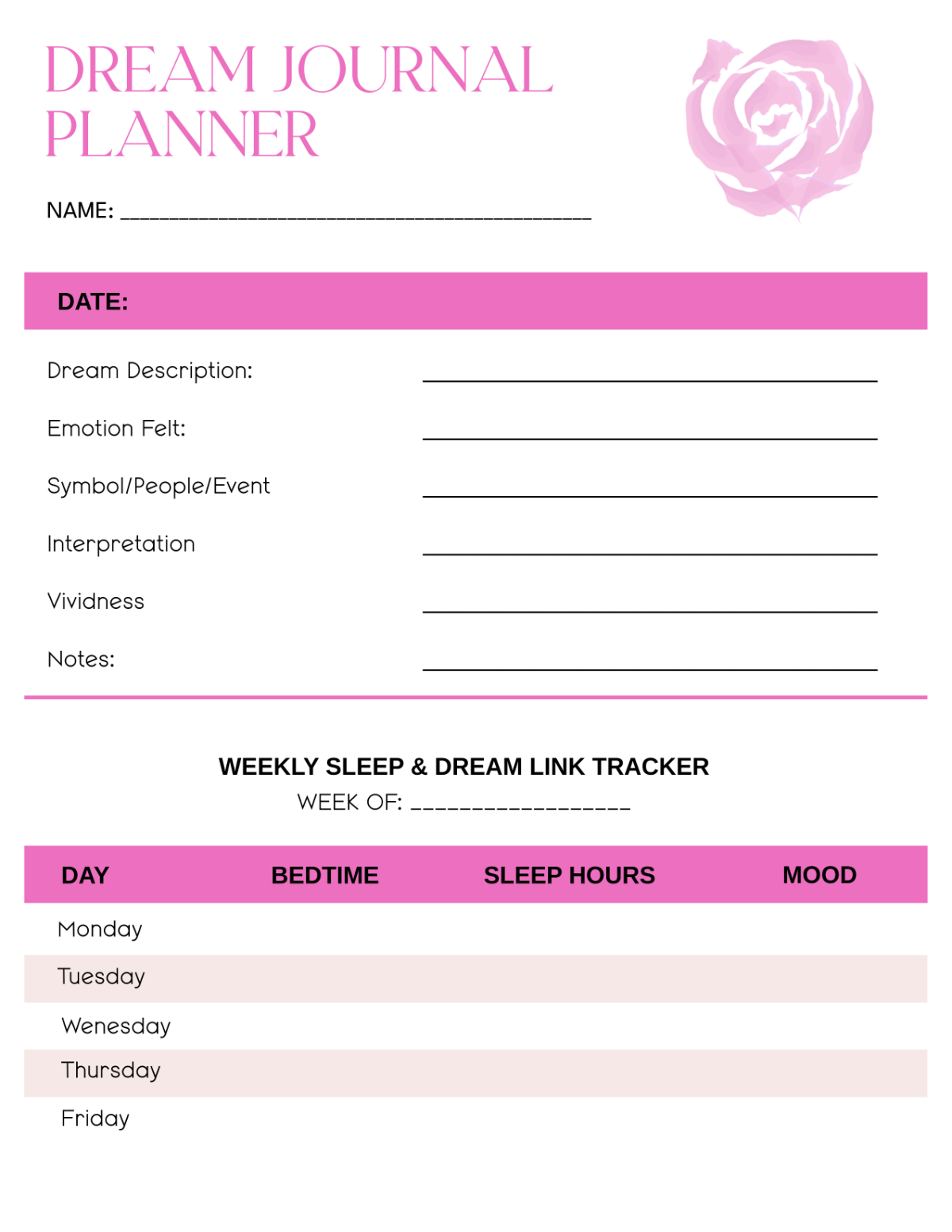 Free Dream Journal Planner Template
