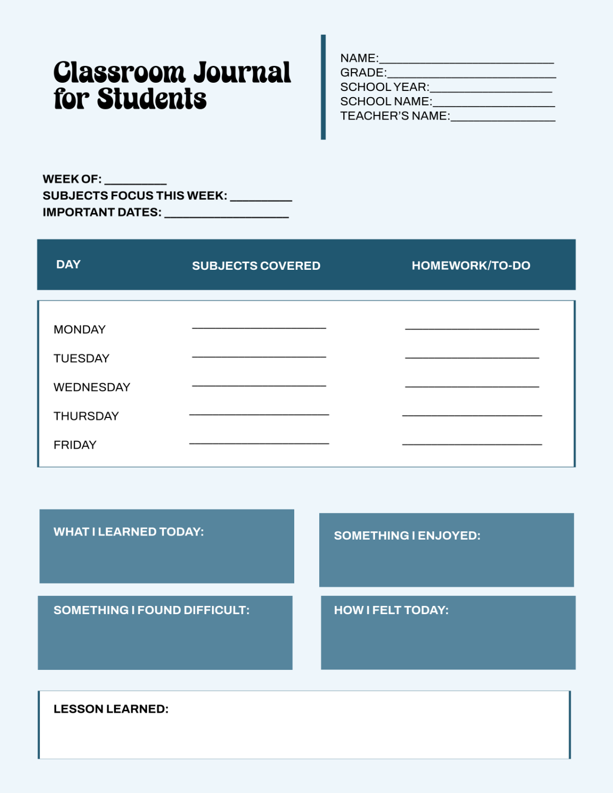 Free Classroom Journal Template for Students