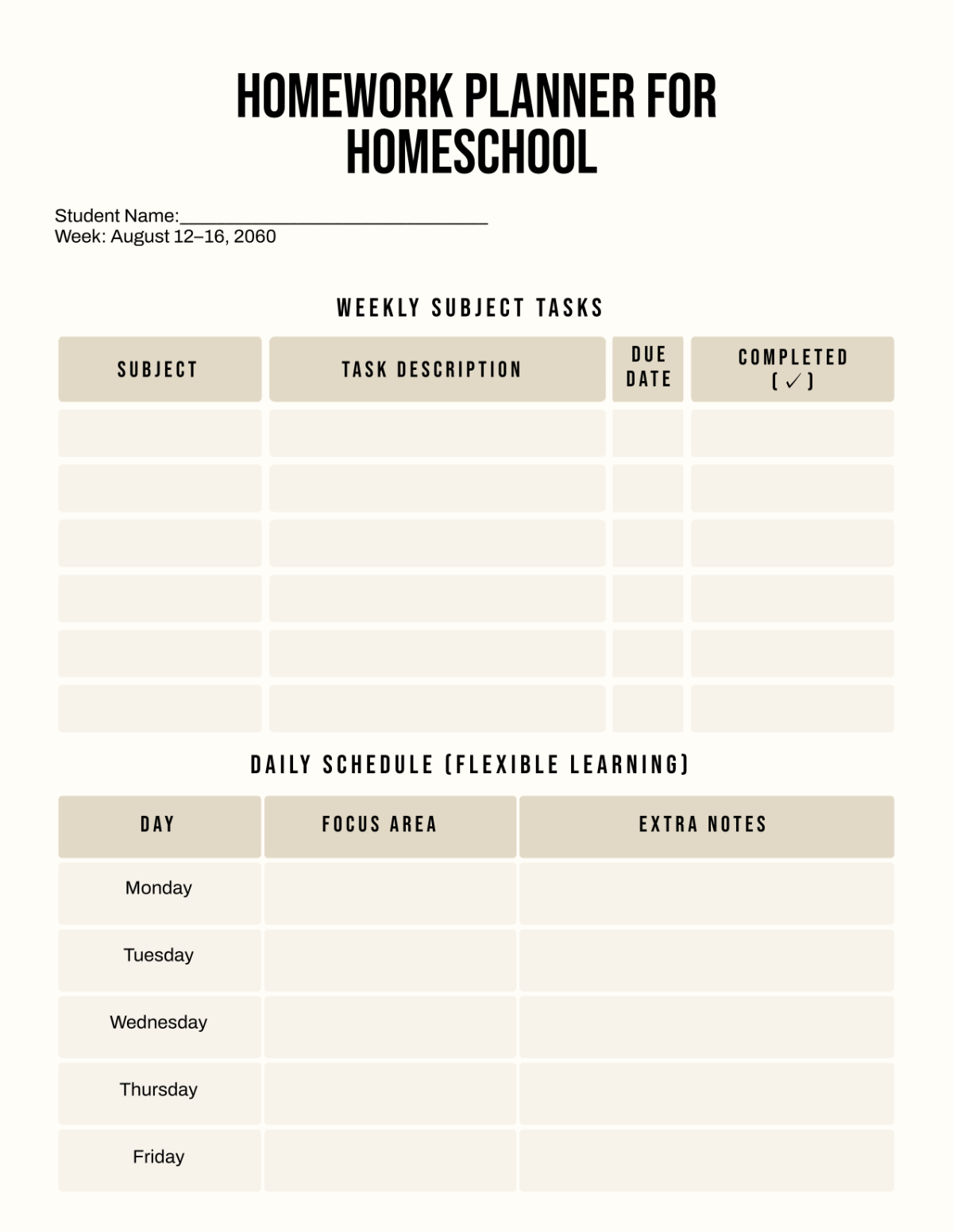 Free Homework Planner for Homeschool Template