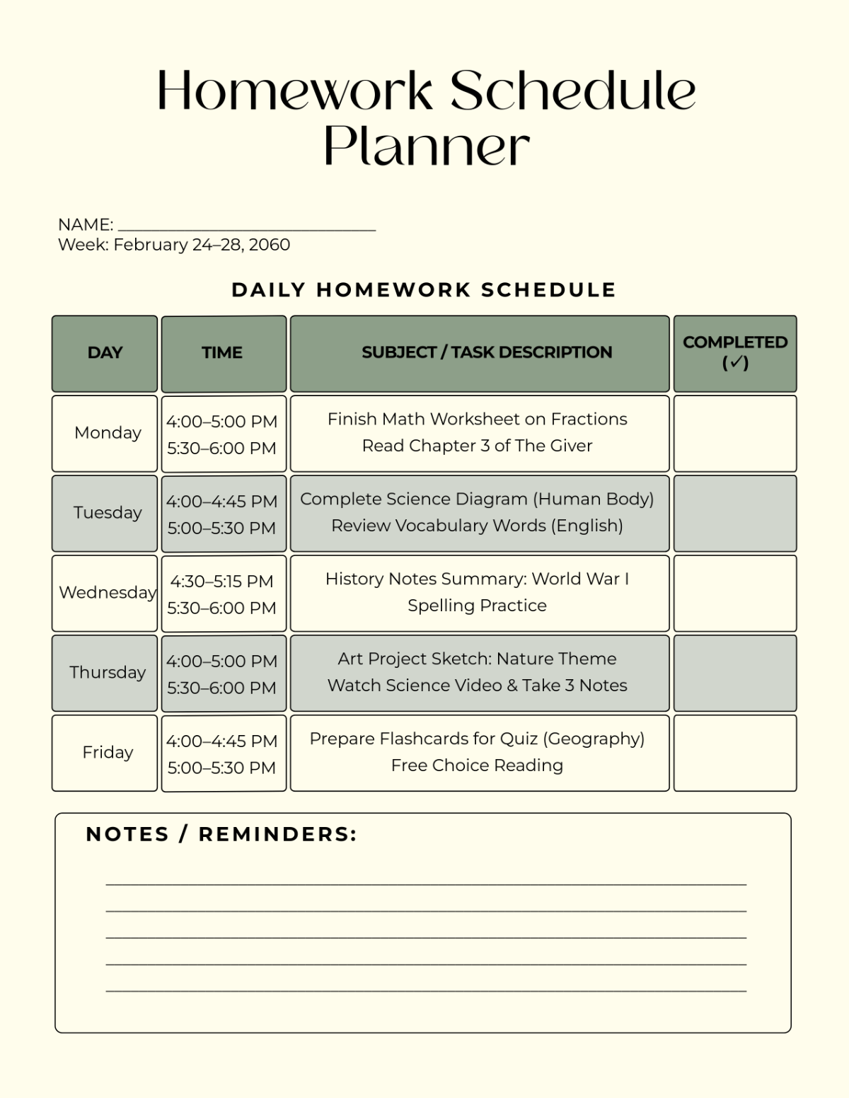 Free Homework Schedule Planner Template