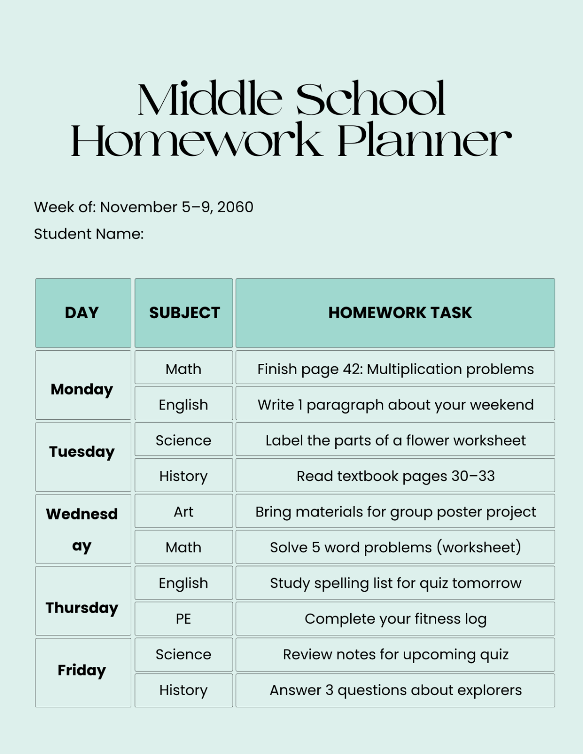Free Homework Planner Template