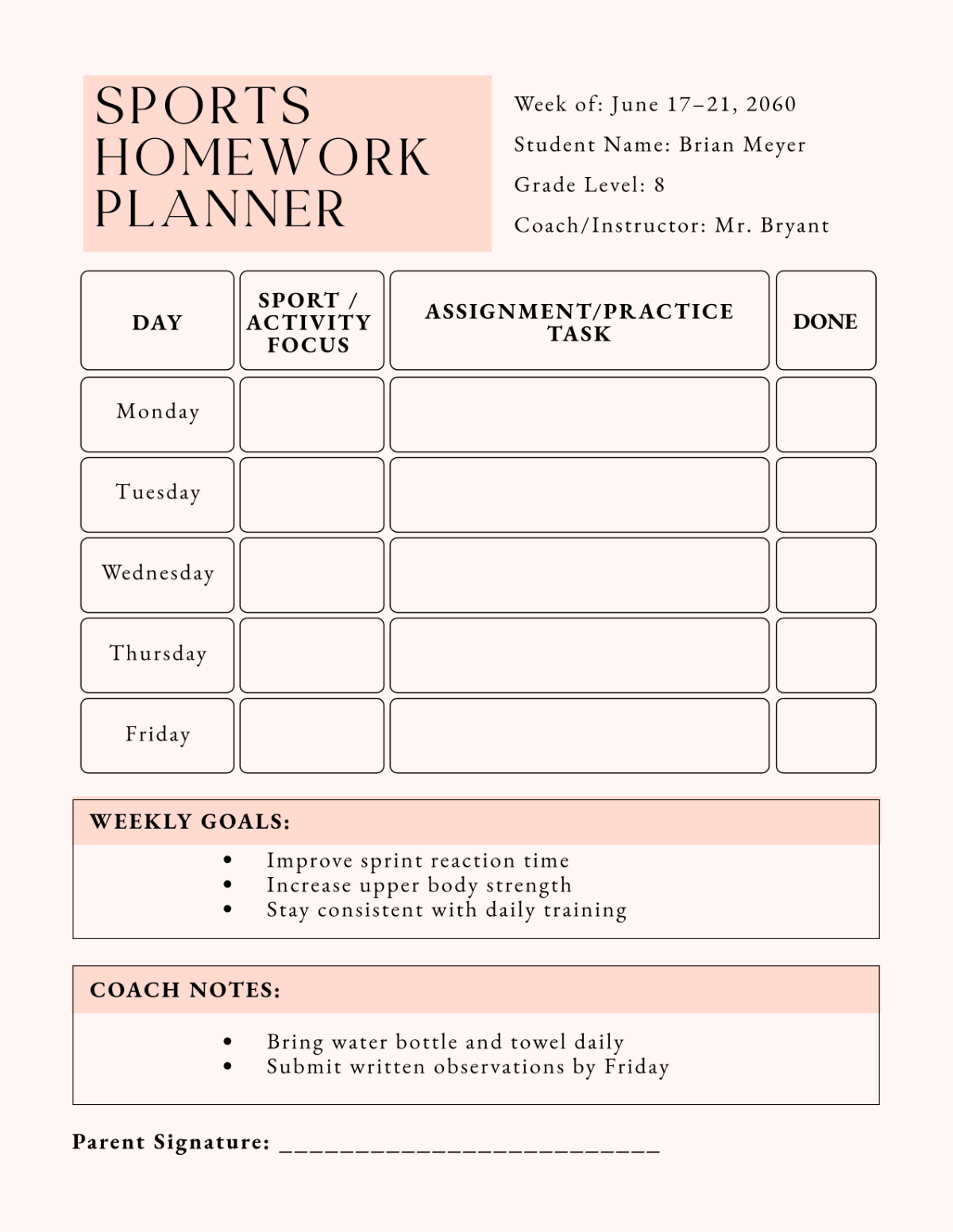 Free Sports Homework Planner Template