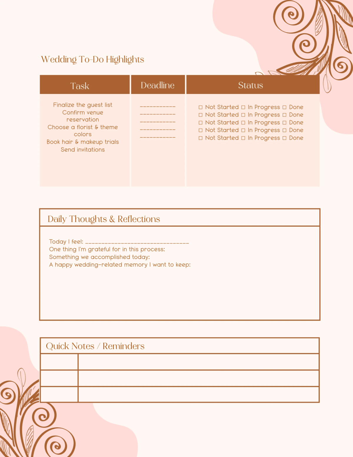 Free Wedding Journal Planner Template to Edit Online