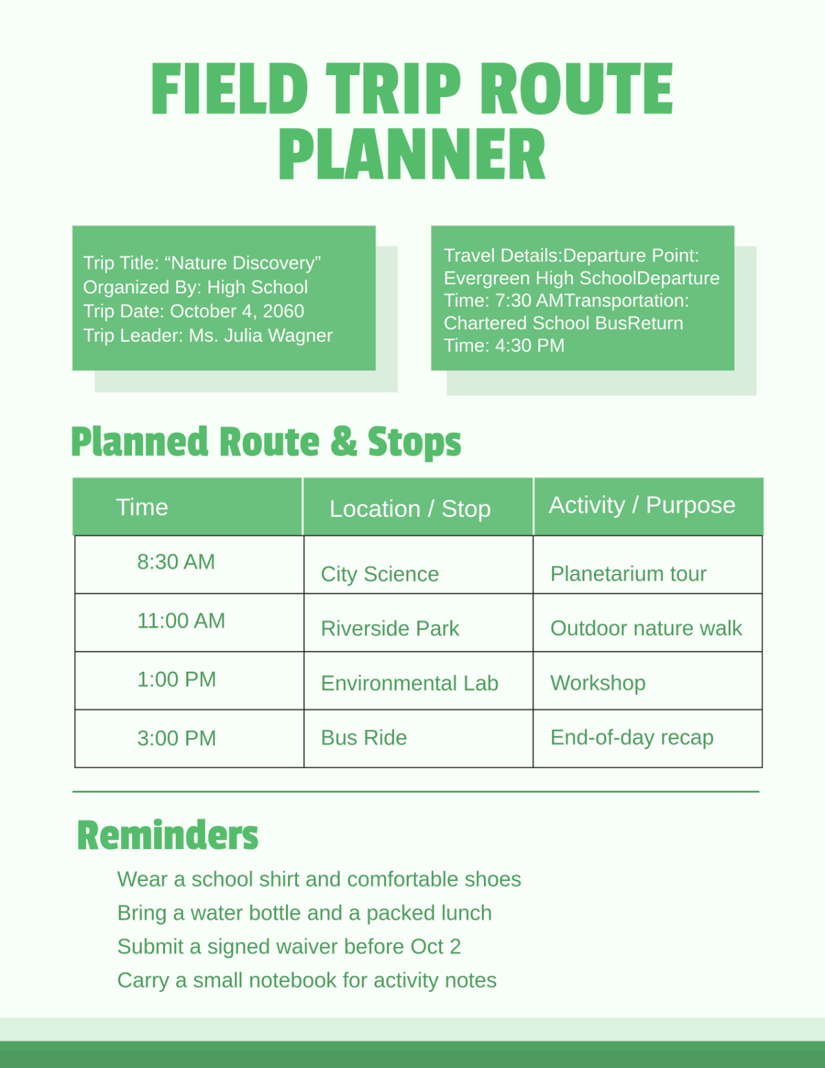 Free Field Trip Route Planner Template