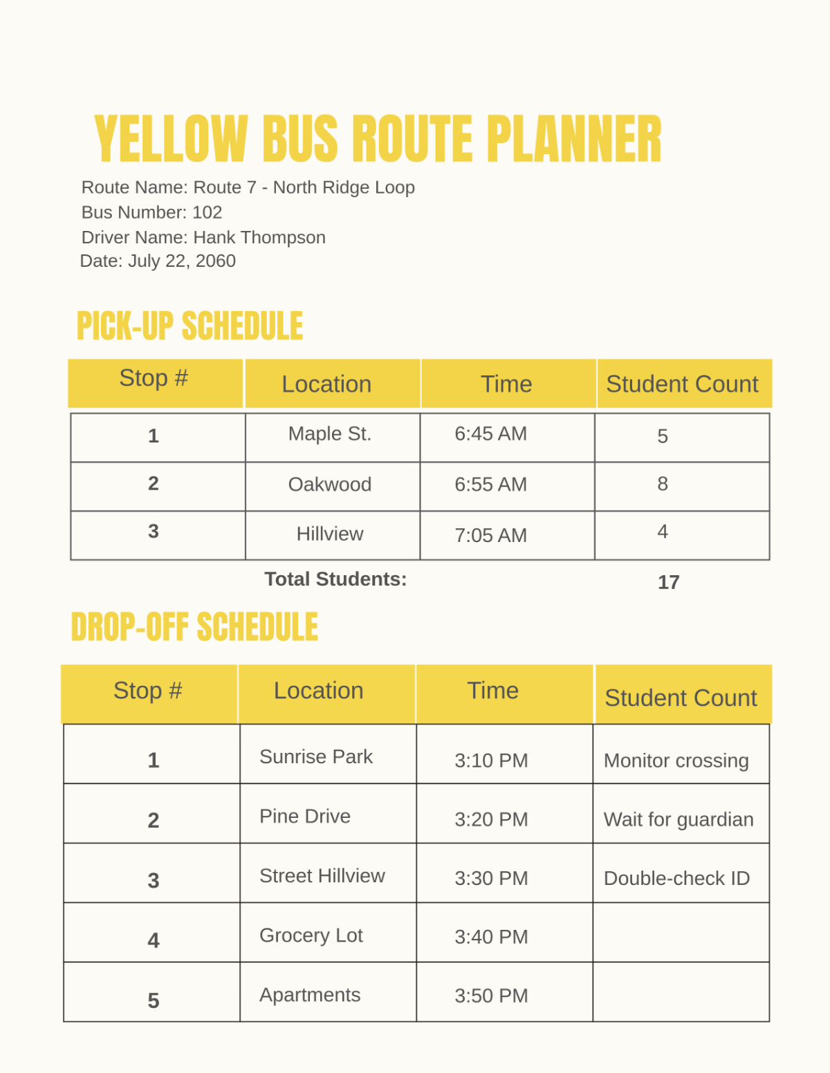 Free Yellow Bus Route Planner Template