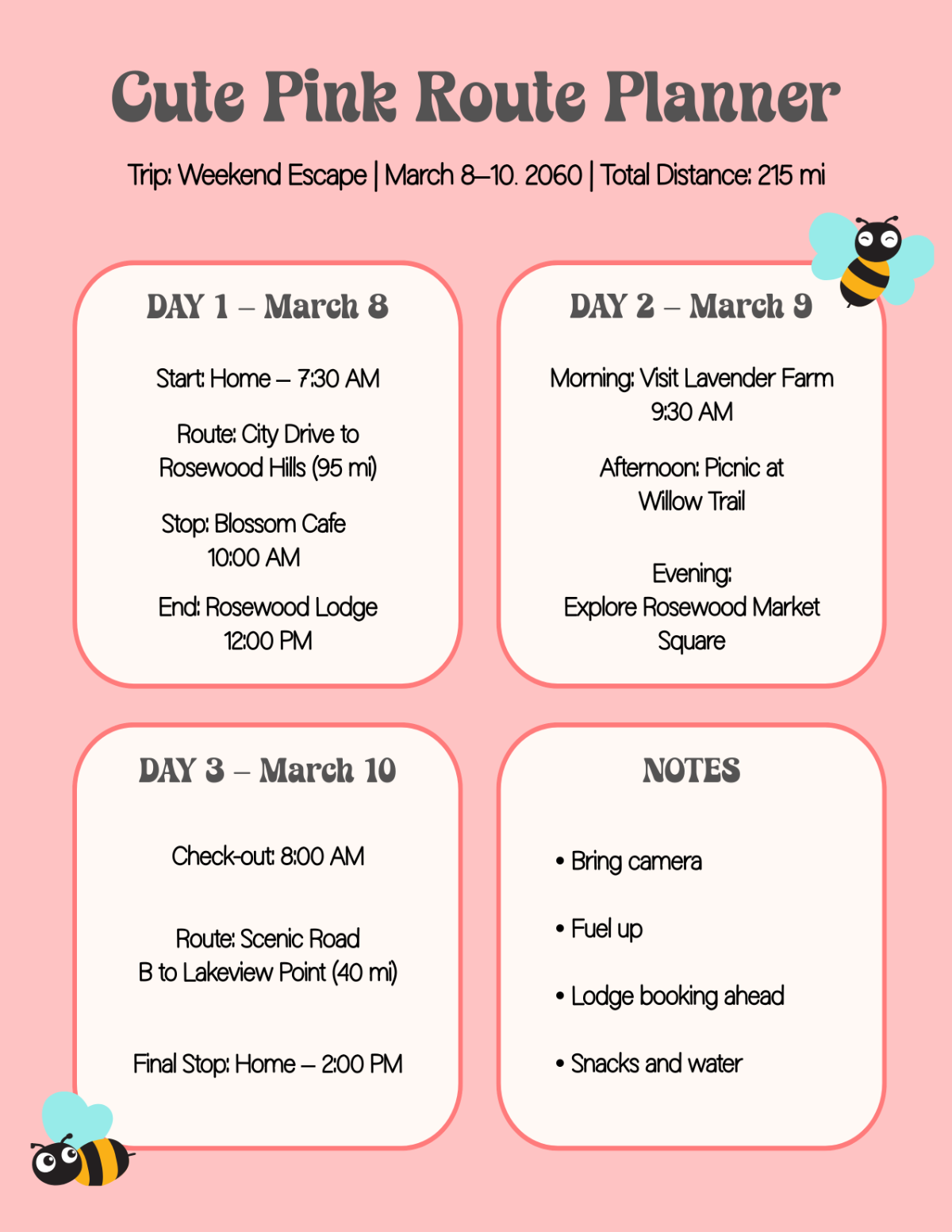 Free Cute Pink Route Planner Template