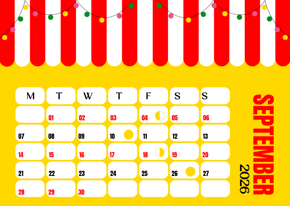 Free Yellow Festive September 2026 Calendar Template to Edit Online