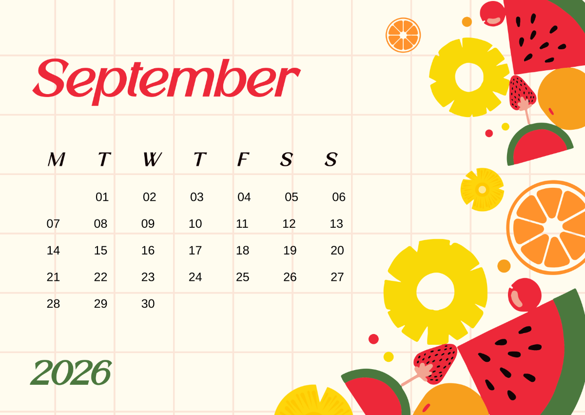 Free Fruity September 2026 Calendar Template to Edit Online
