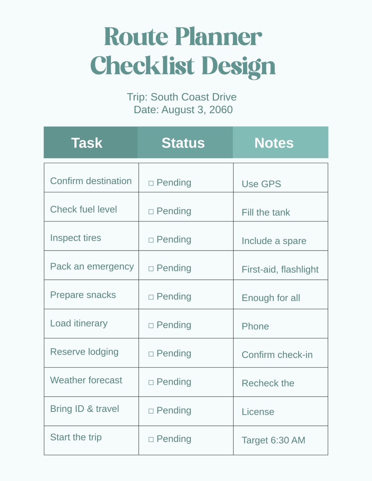 Free Route Planner Checklist Design Template