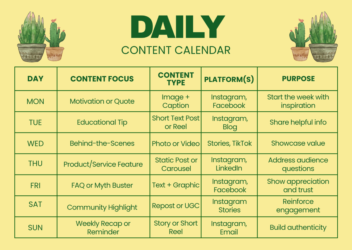 Free Simple Daily Content Calendar Template