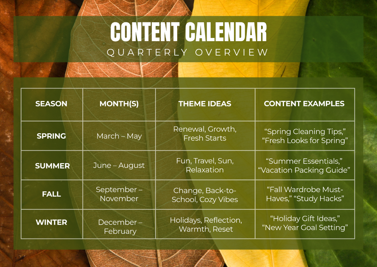Free Seasonal Background Content Calendar Template