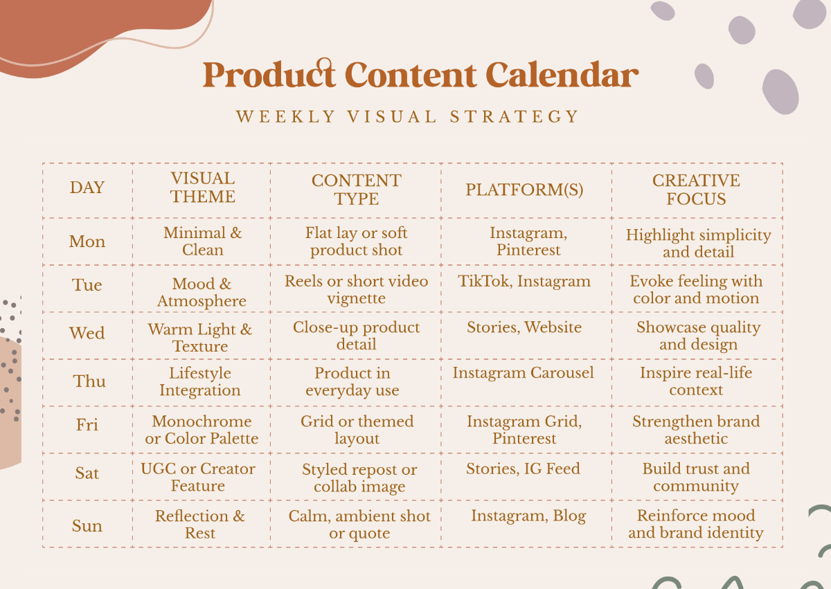 Free Aesthetic Product Content Calendar Template