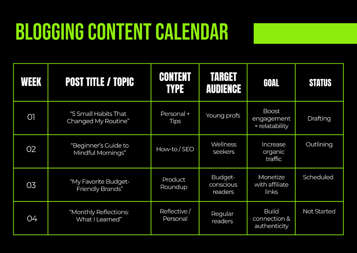 Free Blogging Content Calendar Template